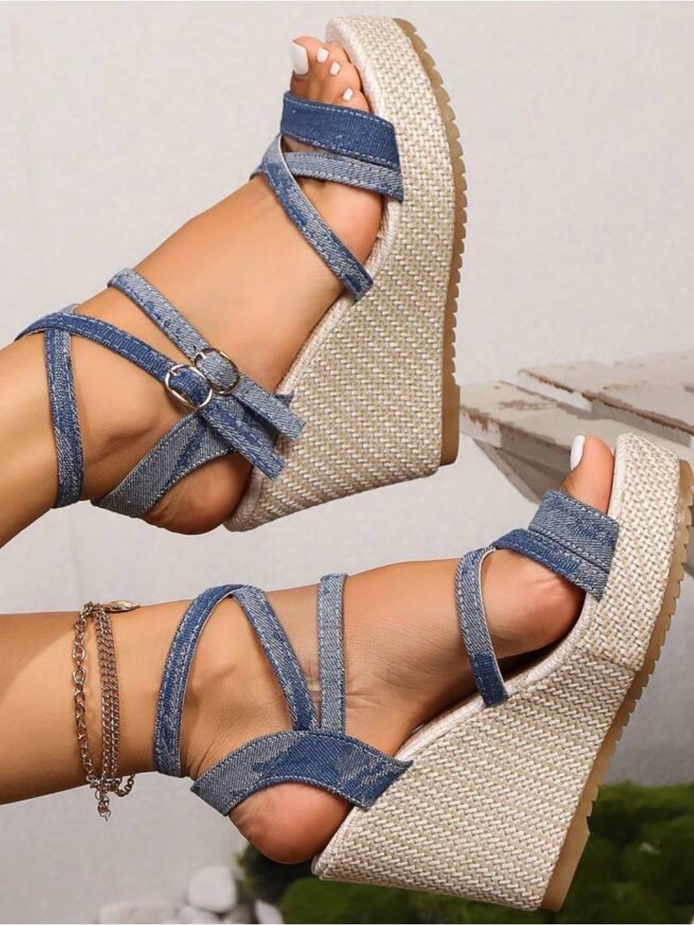 SHEIN Denim Strappy Espadrille Platform Wedge Sandals - Blue